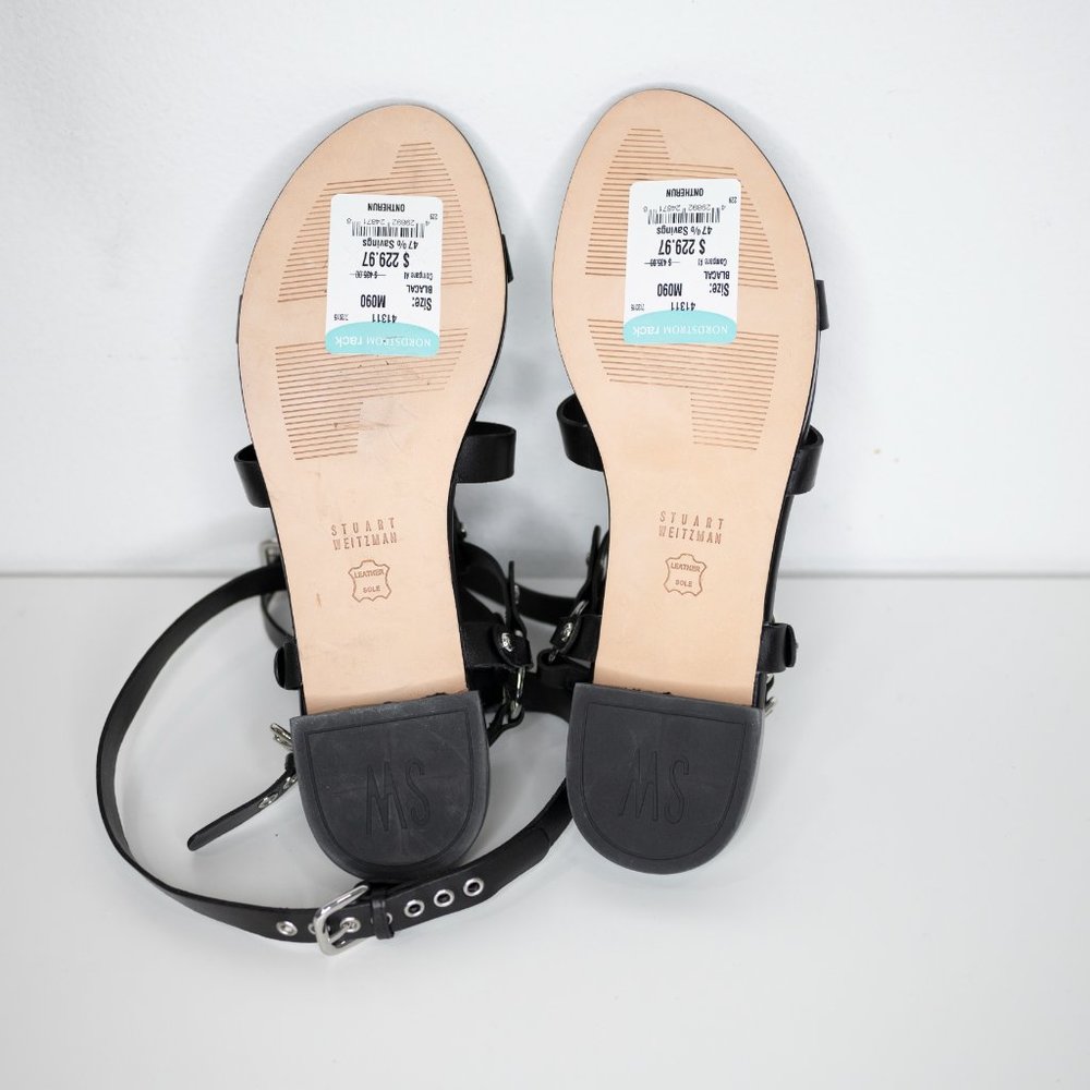 SOLDStuart Weitzman On The Run Gladiator Sandal Black Leather Studded Ankle Wrap - Picture 7 of 8